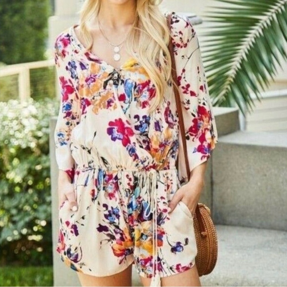 Umgee Boho Floral Romper Medium Flowy Kimono Sleeve Tassel Tie Waist Cottagecore